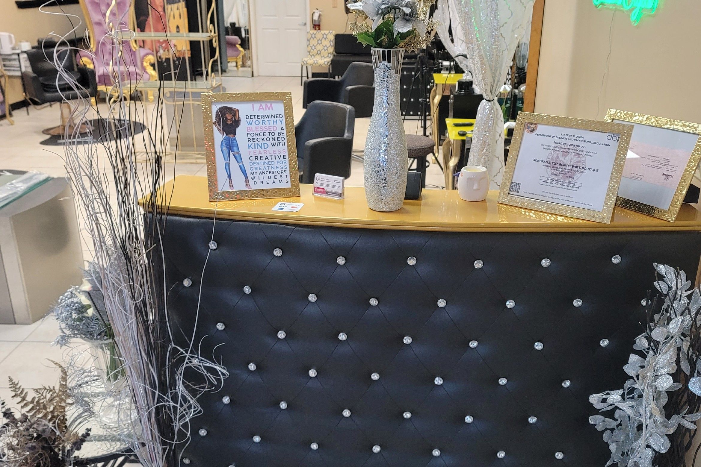 Sondra's Styles reception — crystal-studded desk